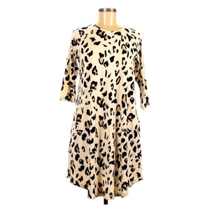 Tickled Teal M cream black animal print A line long sleeve crew‎ neck dress